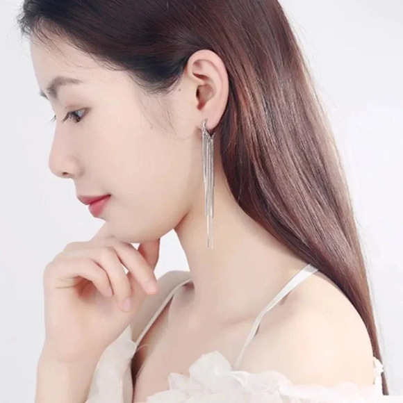 Silver Long Tassel Drop Huggie Hoop Earrings - Picture 3 of 7